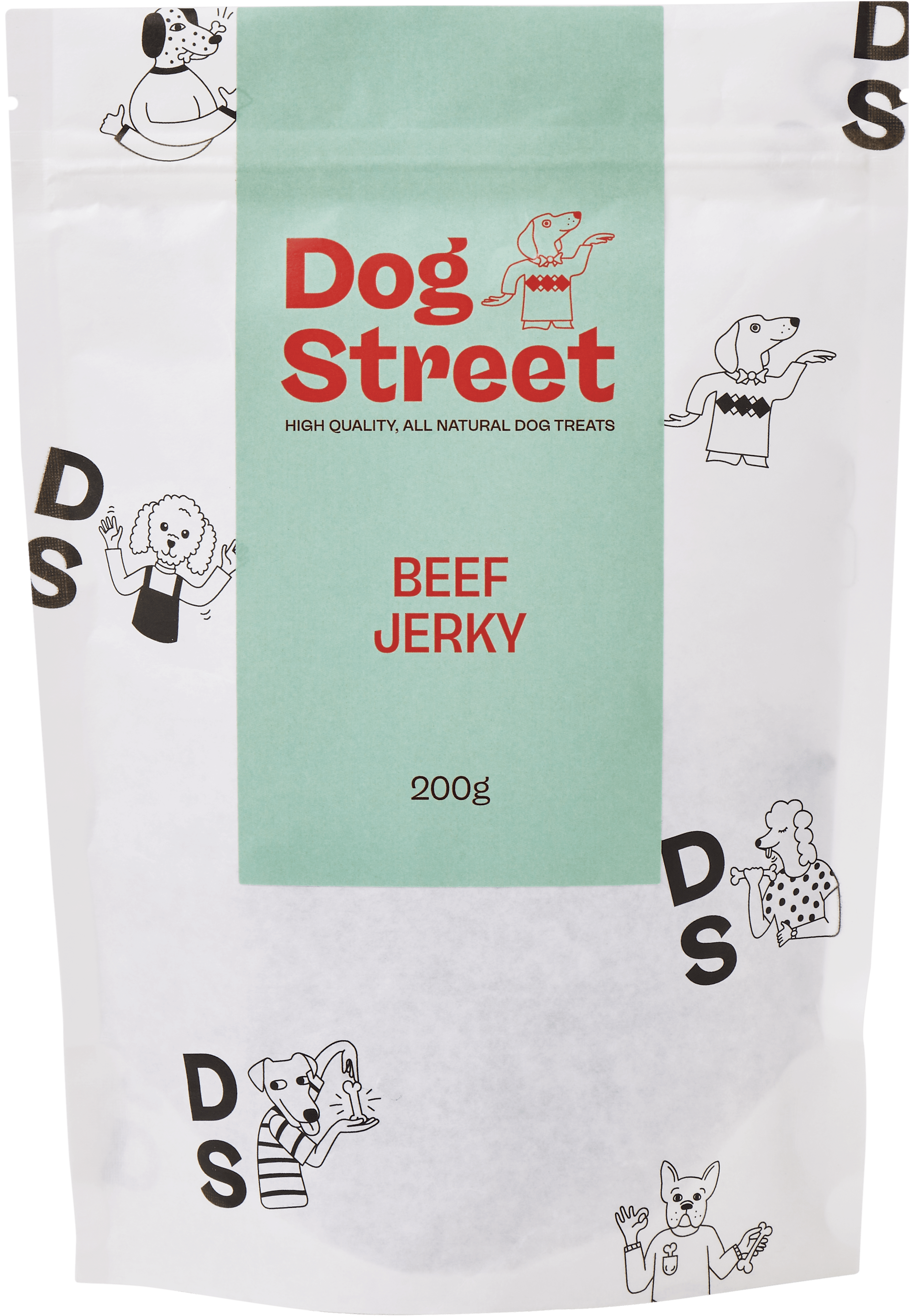 Front of Dog Street Beef Jerky resealable pack.