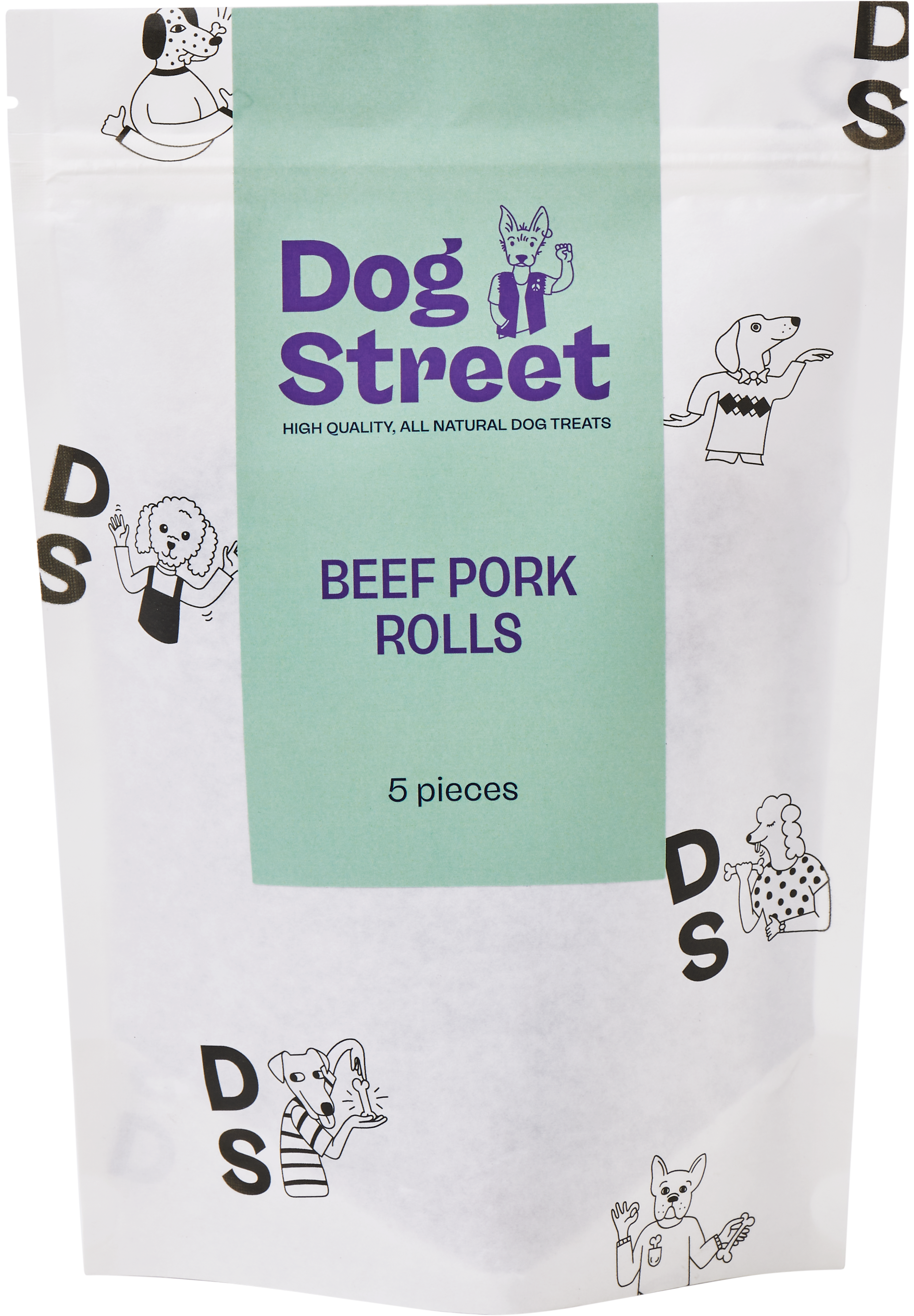 Front of Dog Street Beef Pork Rolls resealable pack.