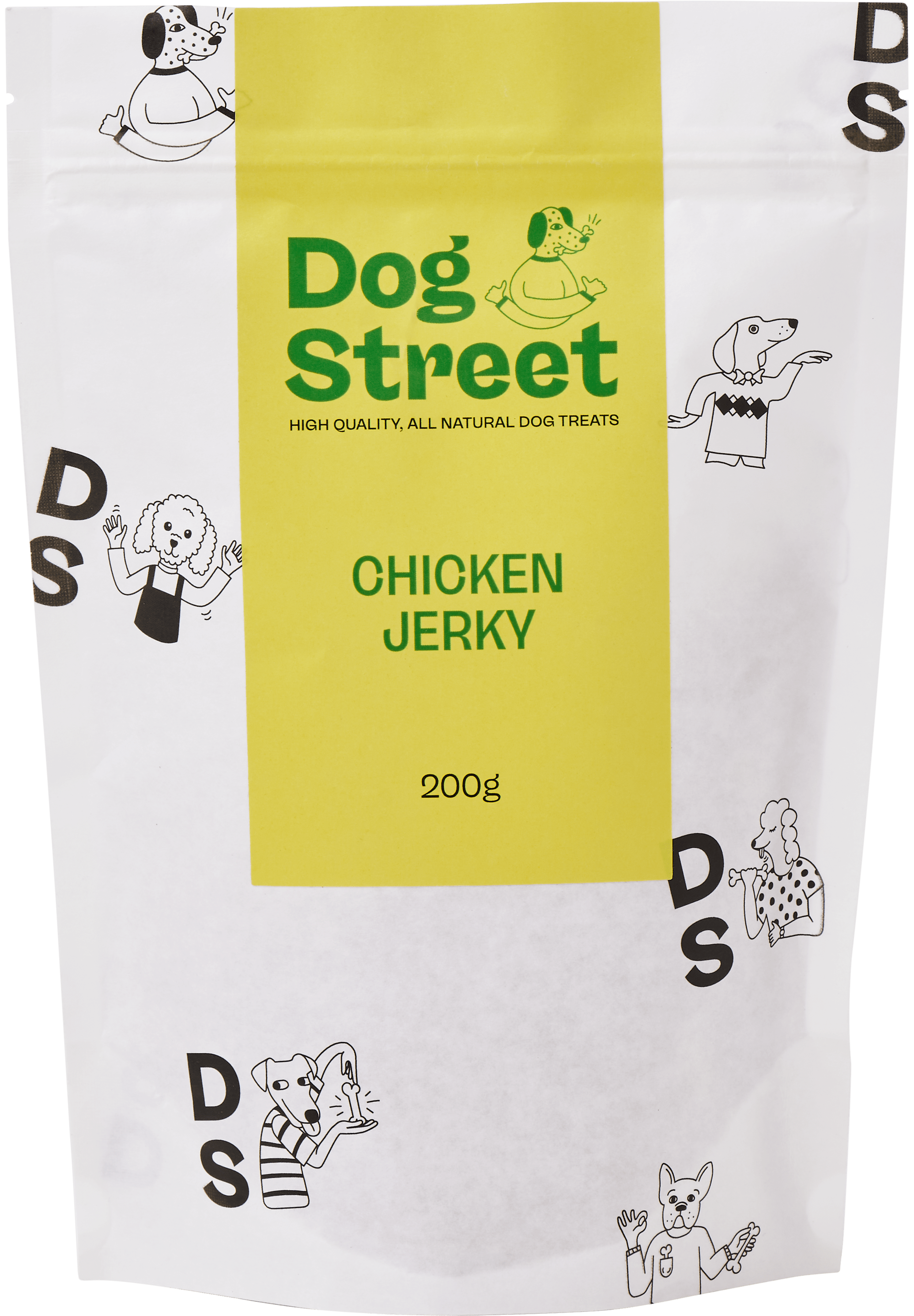 Front of Dog Street Chicken Jerky resealable pack.