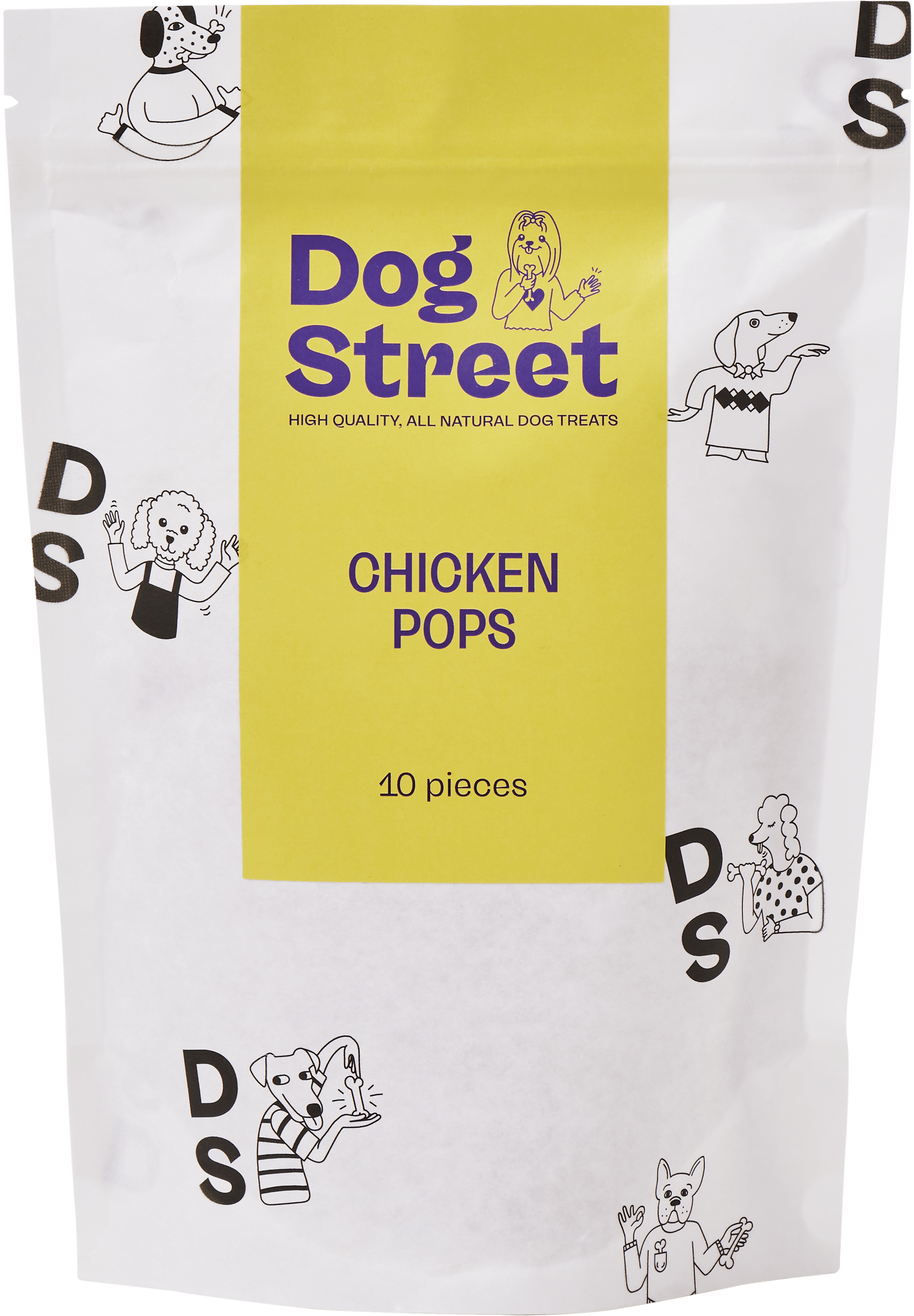 Front of Dog Street Chicken Pops resealable pack.