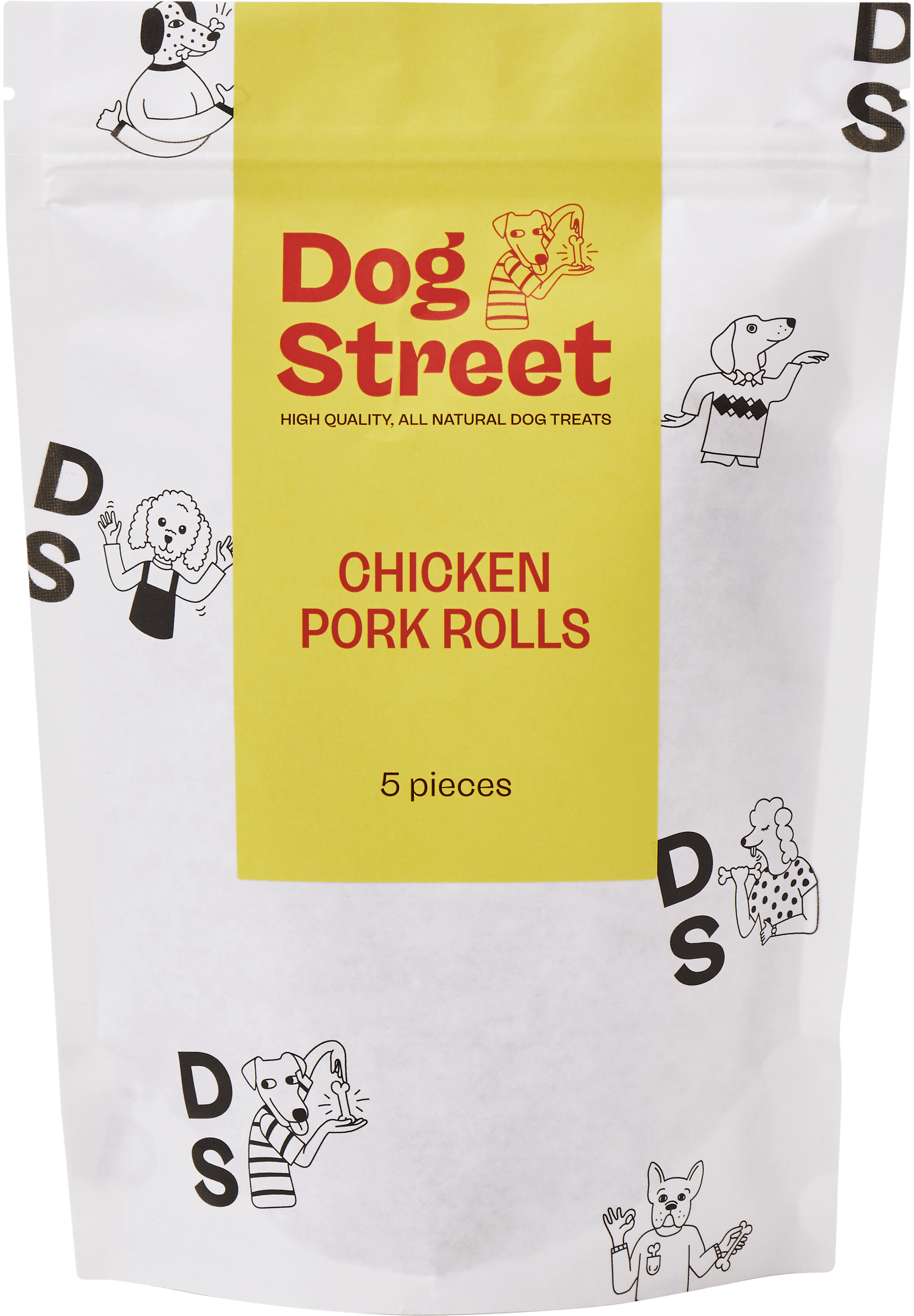 Front of Dog Street Chicken Pork Rolls resealable pack.