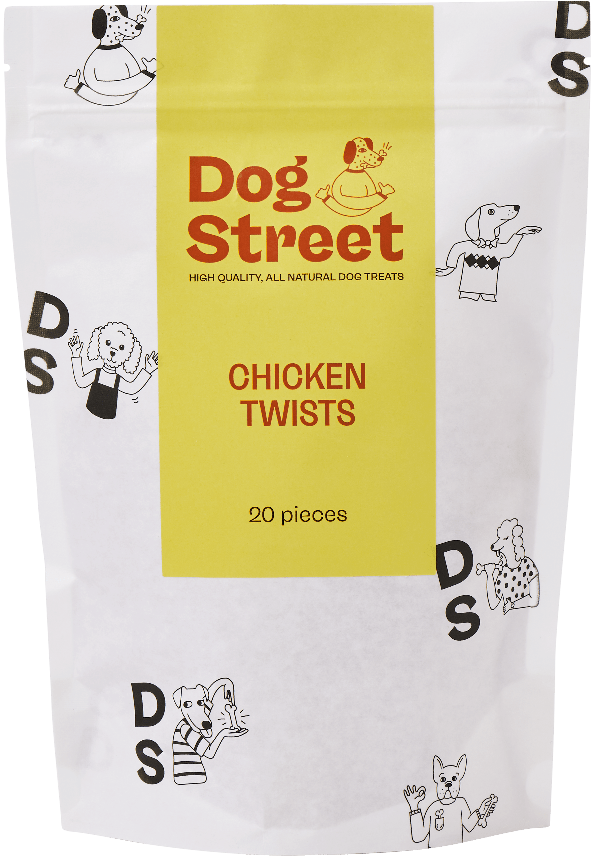 Front of Dog Street Chicken Twists resealable pack.
