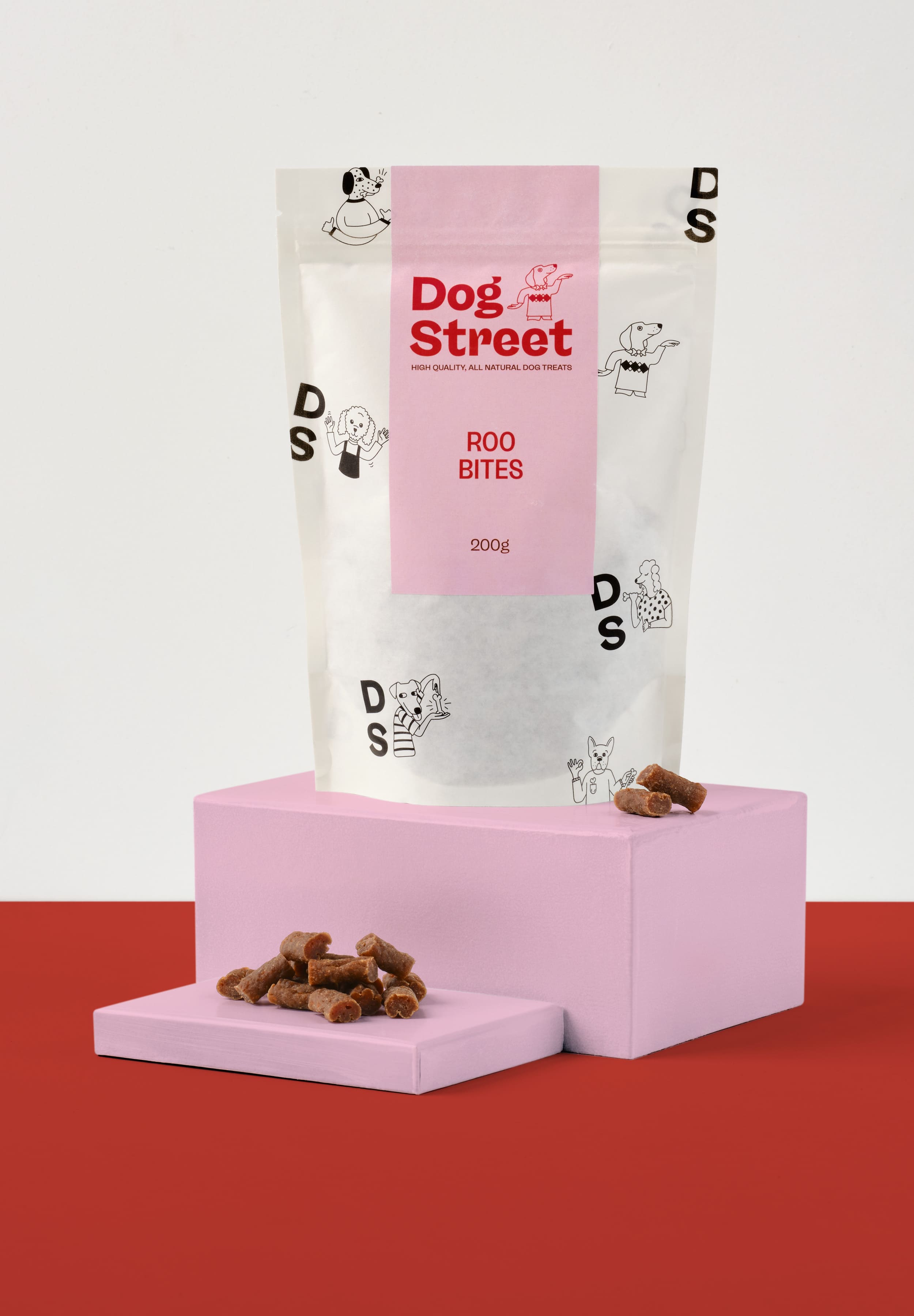 Styled shot of Dog Street Roo Bites pack and treats.