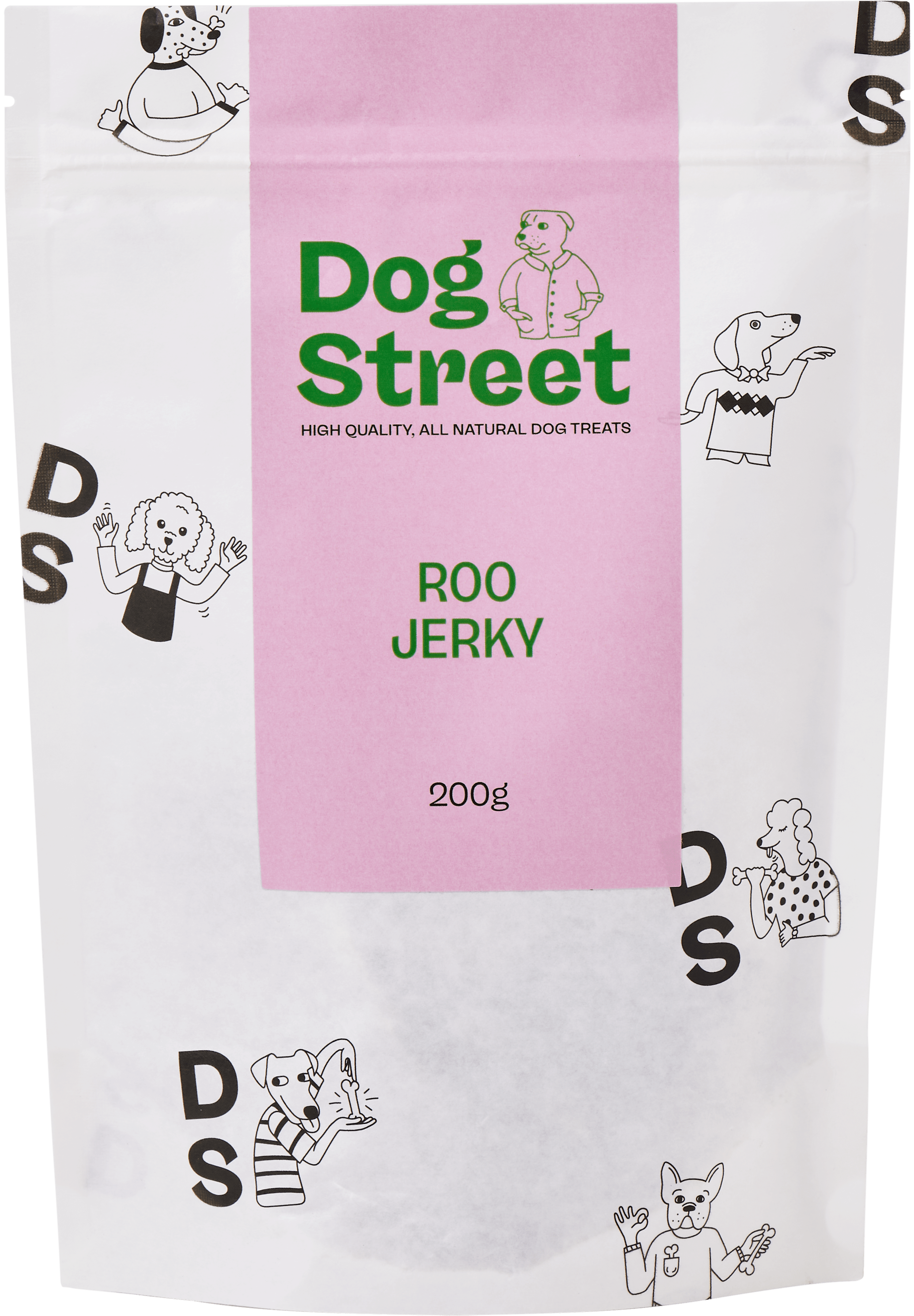 Front of Dog Street Roo Jerky resealable pack.