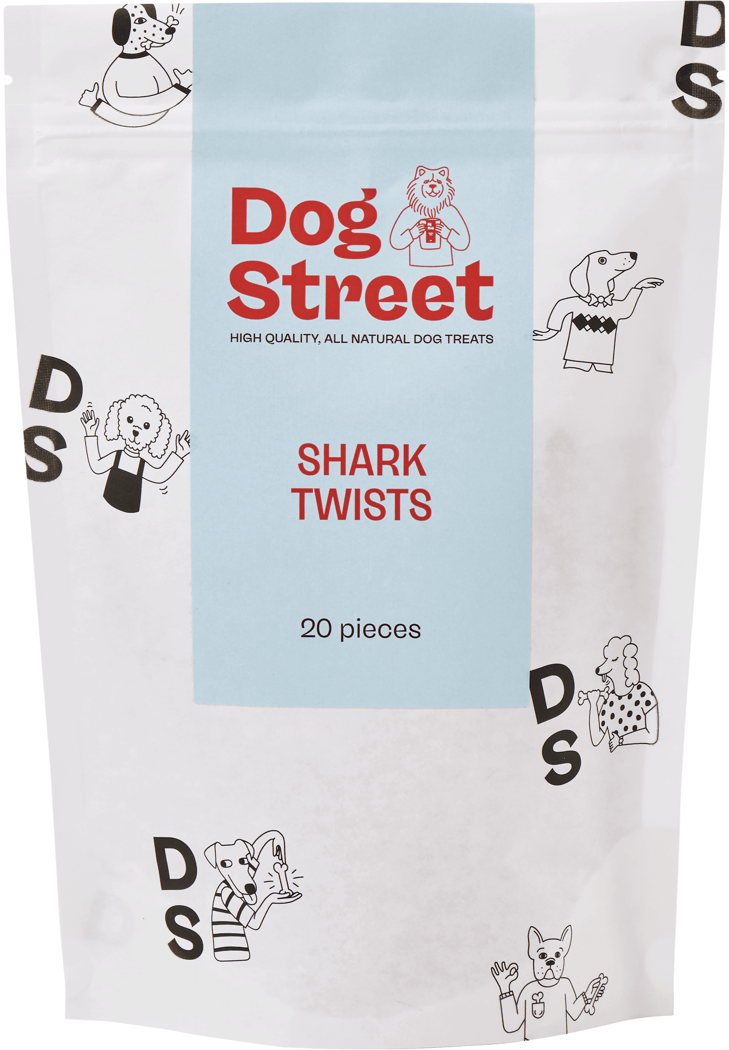 Front of Dog Street Shark Twists resealable pack.