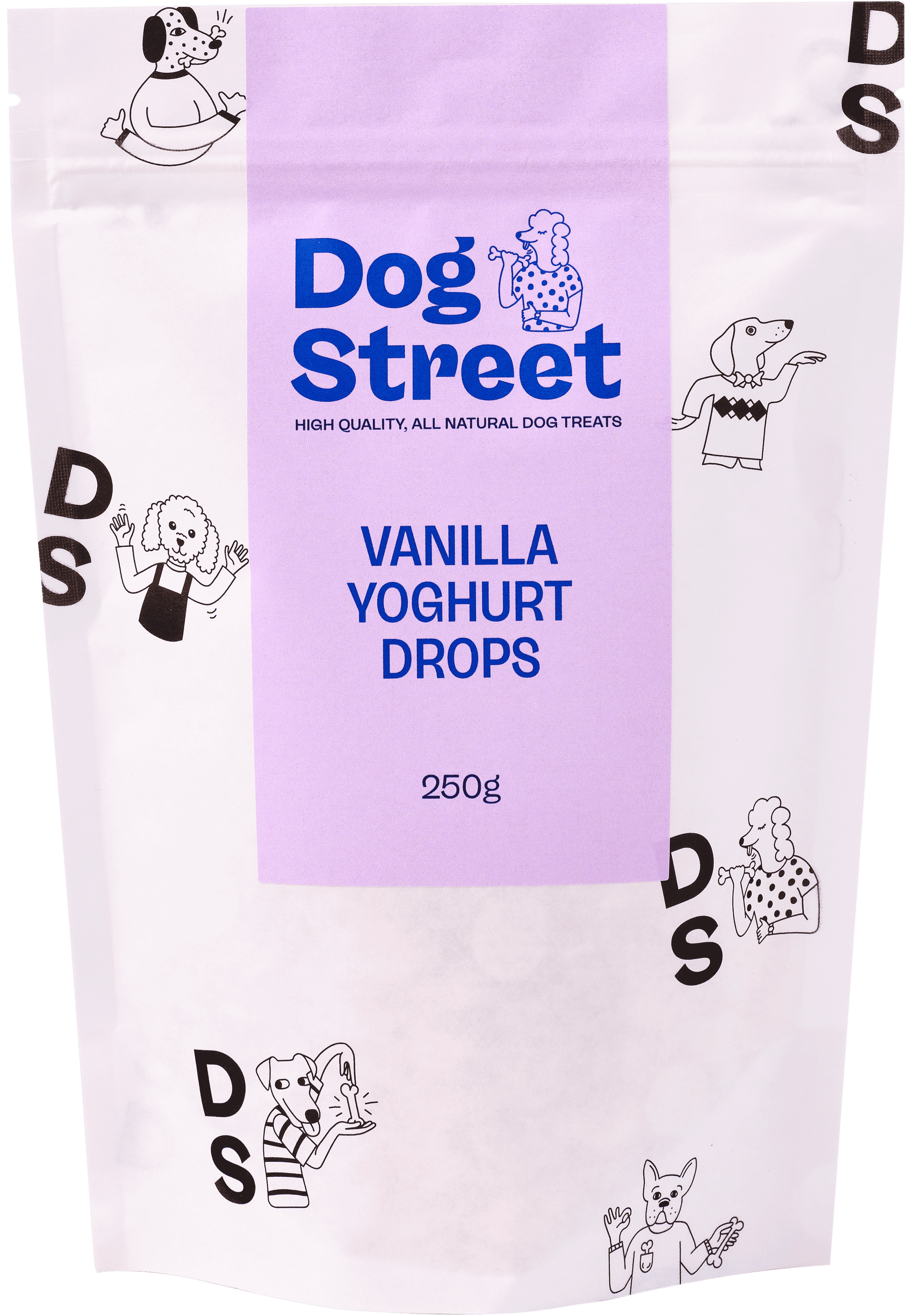 Front of Dog Street Vanilla Yoghurt Drops resealable pack.